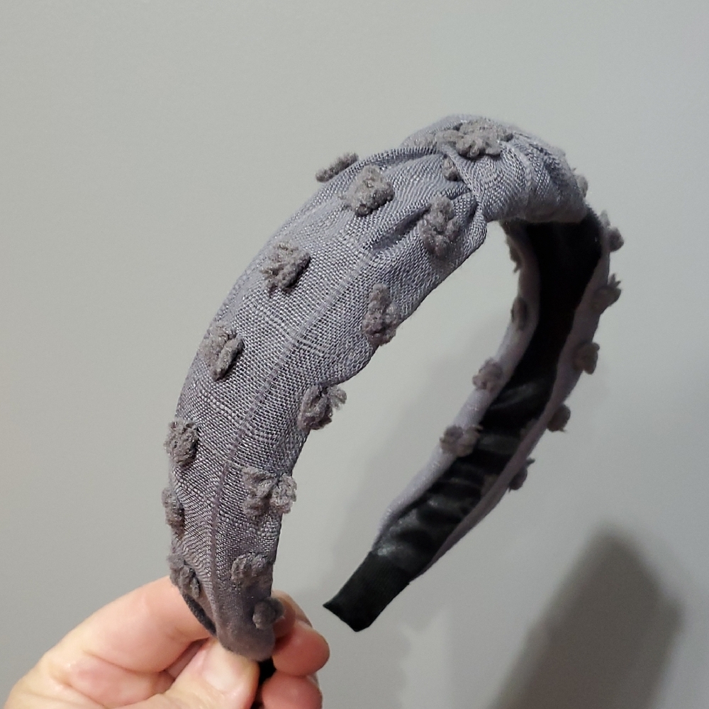 New boutique knotted pom-pom flexible headband gray